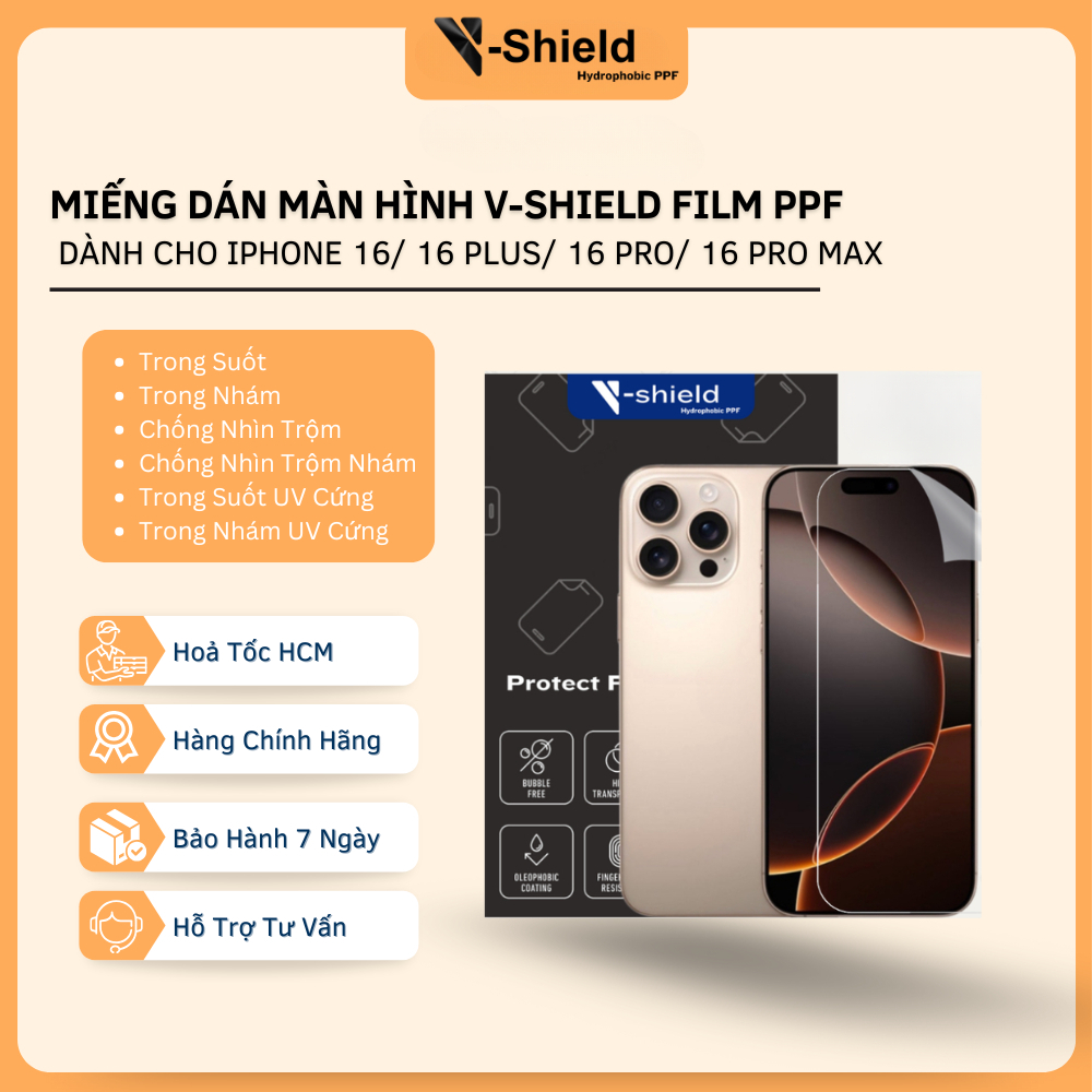 Miếng Dán Màn Hình V-Shield Film Ppf Cao Cấp Cho Iphone 16/ 16 Plus/ 16 Pro/ 16 Pro Max Mua 1 Tặng 1