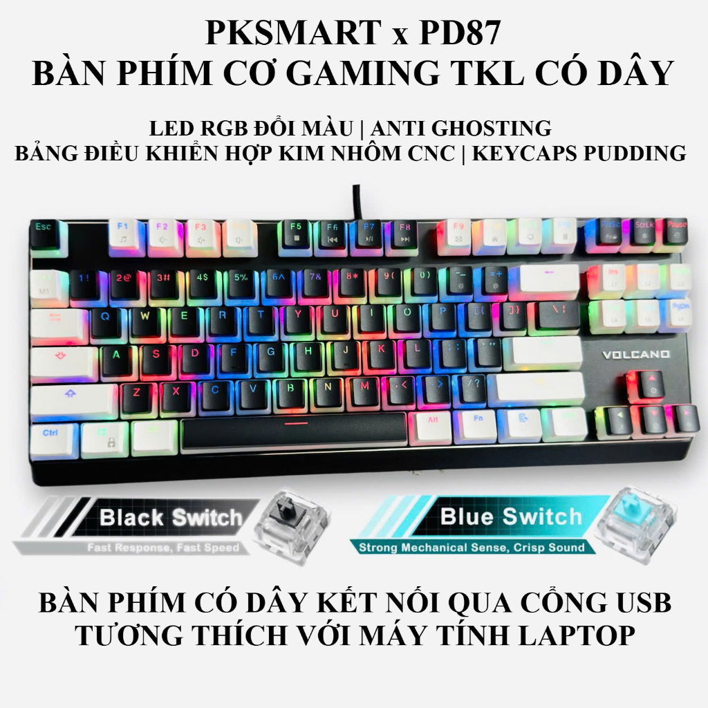 Bàn Phím Cơ TKL Chơi Game Có Dây - PKSMART PD87 - Anti Ghosting Full Phím - LED RGB Đổi Màu - Bảng Đ