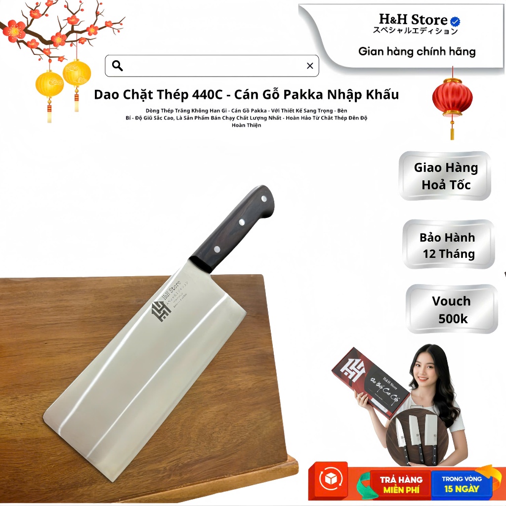 Dao Chặt Cao Cấp Làm Từ Thép Trắng 440c Cán Gỗ Pakka Nhập Khẩu