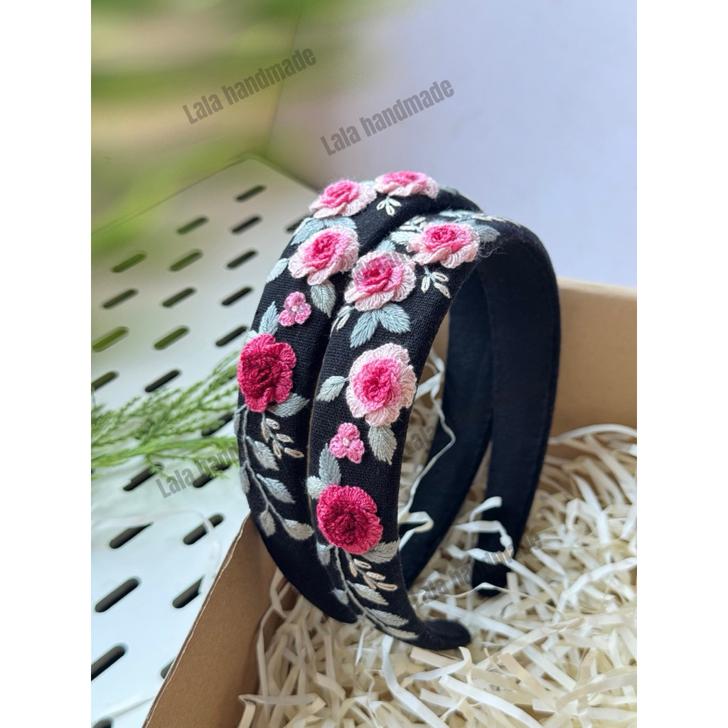 [064 đen] bờm cài tóc thêu tay, băng đô cài tóc thêu hoa hồng 3d