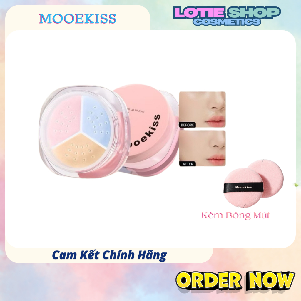 Phấn phủ MOOEKISS phấn phủ bột ba màu chống nước chống mồ hôi, kiểm soát dầu giữ lâu bột mịn