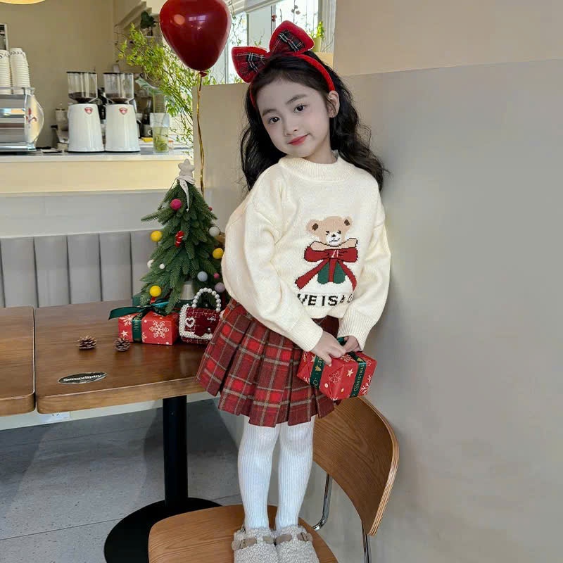 Set thu đông bé gái, set áo nỉ Noel mix chân váy kẻ xếp ly có lót cho bé gái từ 10-30kg jayden kids