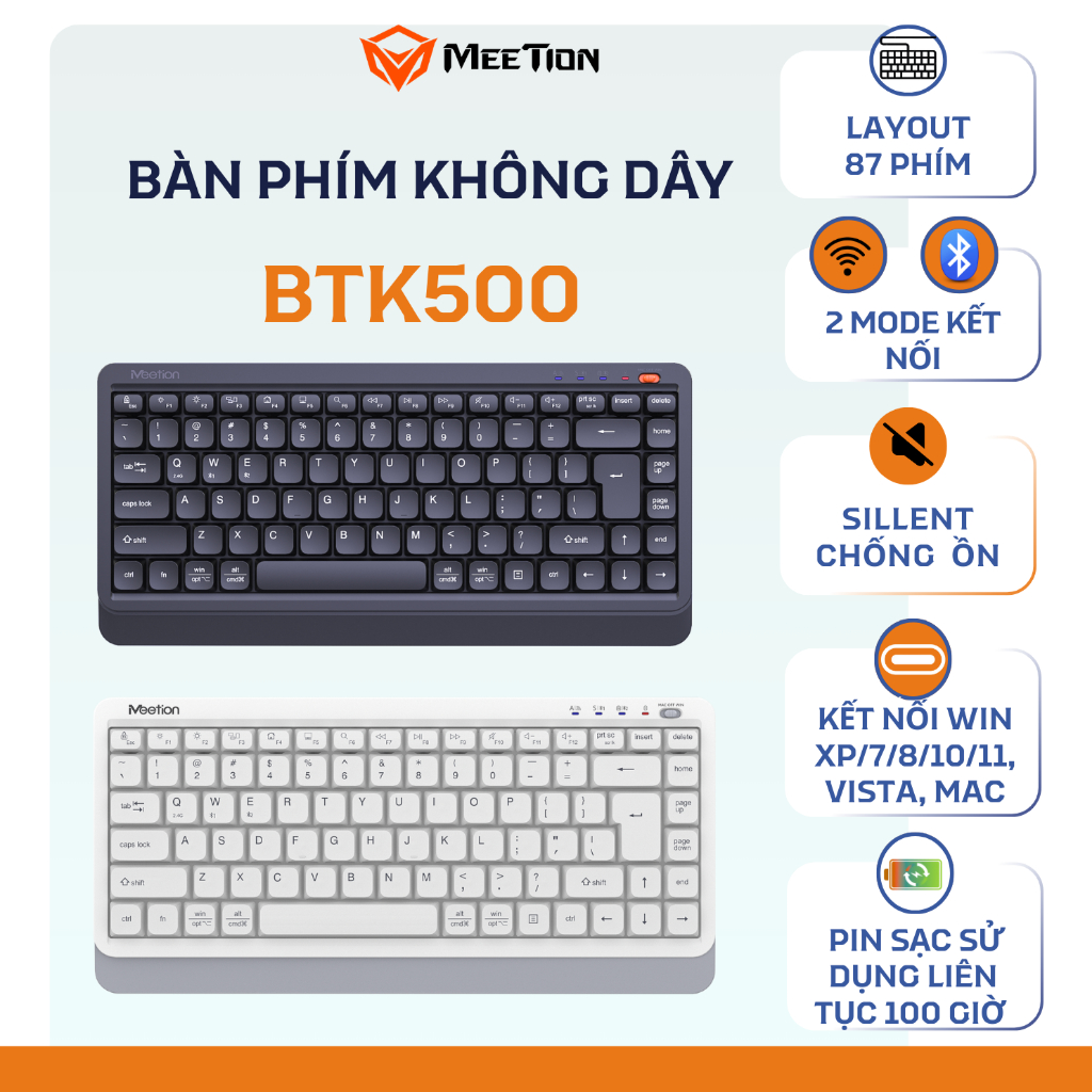 Bàn phím không dây Meetion BTK500 chống ồn dual mode Bluetooth + USB 2.4G 87 phím pin sạc sử dụng lên đến 100 giờ | BigBuy360 - bigbuy360.vn