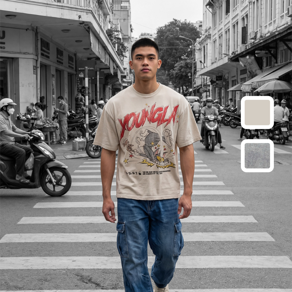 Áo Oversize Wash Youngla x TomnJerry Màu Be