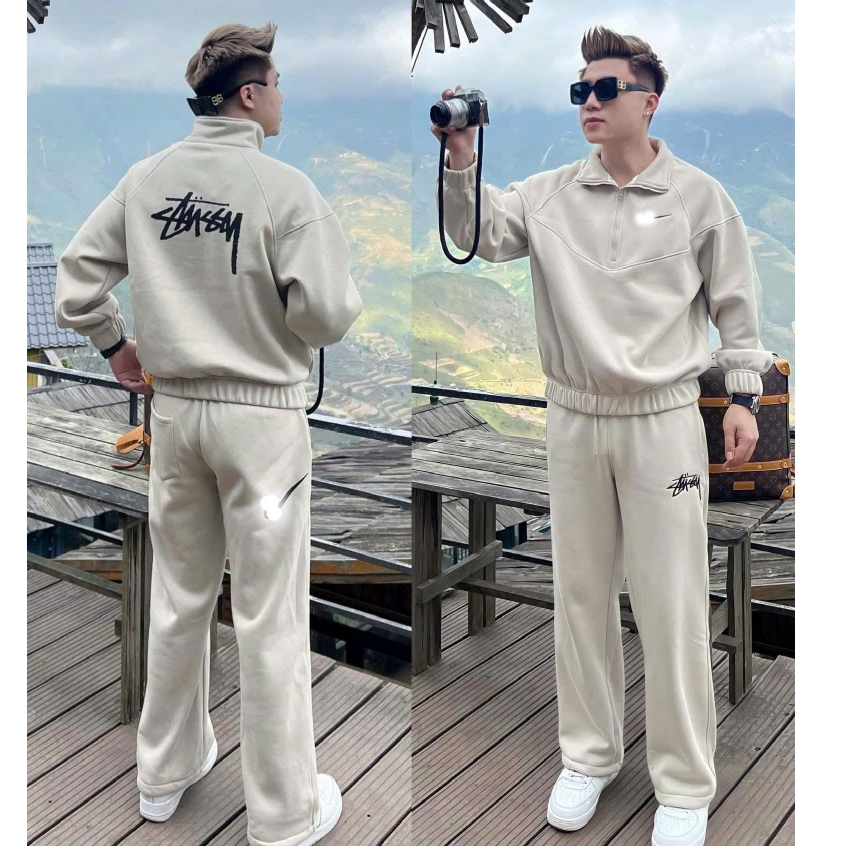  Bộ Quần Áo Thể thao Đông XÁm Nam Stu_Sii Hot Cao cấp Logo Thêu dập nổi  Bộ dài Tay Rêu Siêu Đẹp nỉ dày dặn Boy Phố 