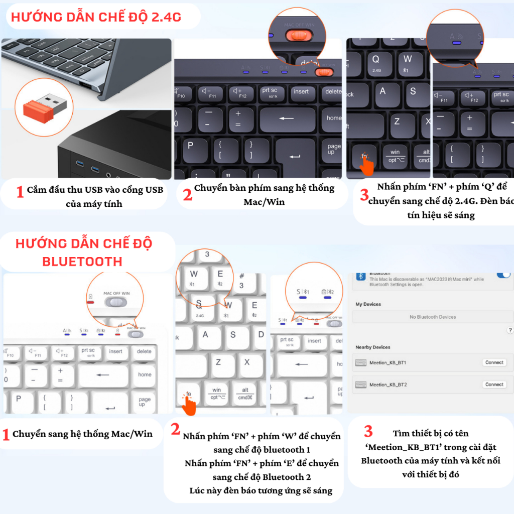Bàn phím không dây Meetion BTK500 chống ồn dual mode Bluetooth + USB 2.4G 87 phím pin sạc sử dụng lên đến 100 giờ | BigBuy360 - bigbuy360.vn