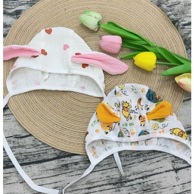 Mũ bonet vải xô muslin mỏng nhẹ đáng yêu cho bé trai bé gái YKbaby.