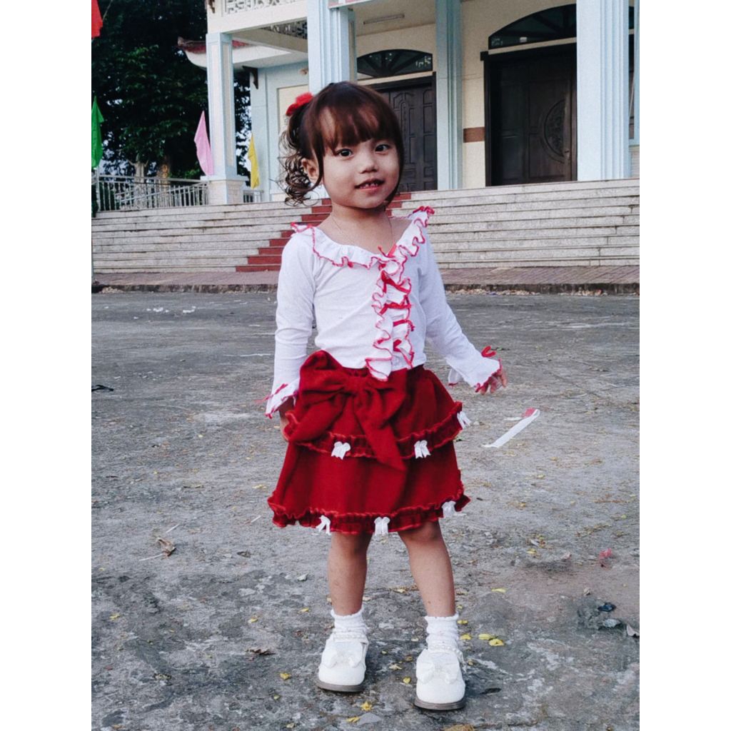 sét (bộ ) Tết cho bé gái,CV nhung phối ao tay dài xinh xắn