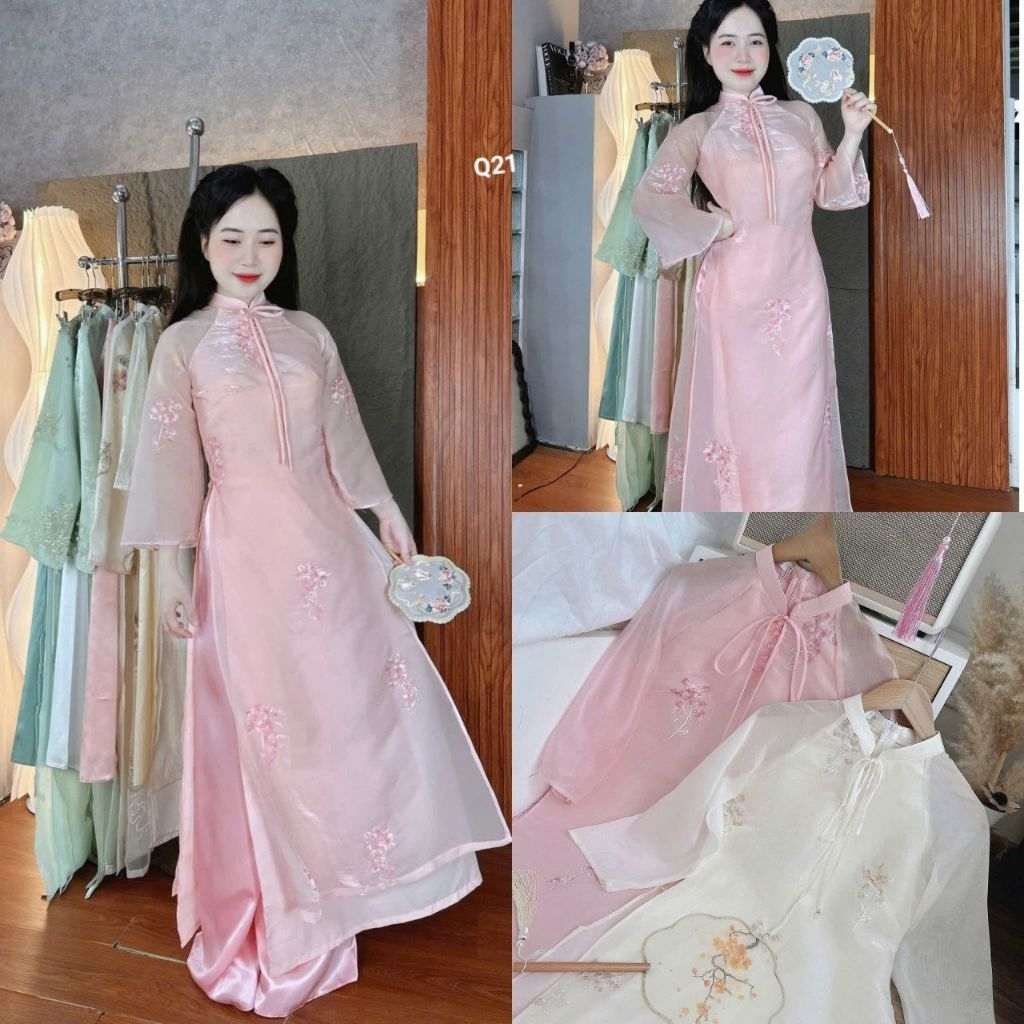 Set áo dài tơ thêu cườm cổ và quần lụa tuyết nhung Q21