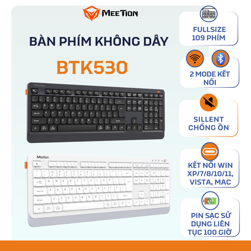 Bàn phím không dây Meetion BTK530 fullsize 108 phím dual mode Bluetooth + 2.4G chống ồn pin sạc sử dụng lên đến 100 giờ | BigBuy360 - bigbuy360.vn