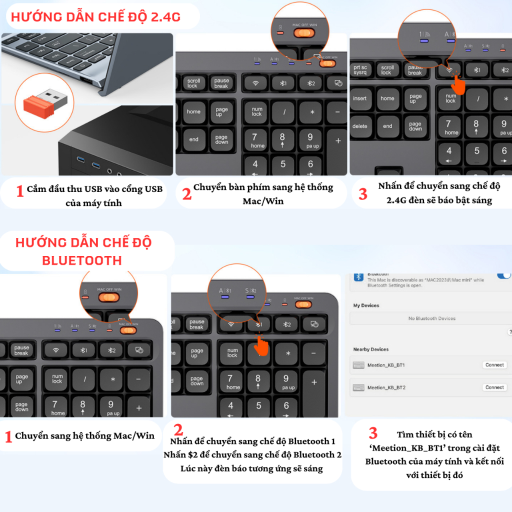 Bàn phím không dây Meetion BTK530 fullsize 108 phím dual mode Bluetooth + 2.4G chống ồn pin sạc sử dụng lên đến 100 giờ | BigBuy360 - bigbuy360.vn