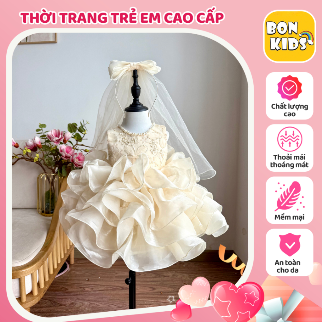 Váy Vôn Tơ Cao Cấp Bồng Xòe Váy Tiểu Thư Đầm Công Chúa Cho Bé BonKids