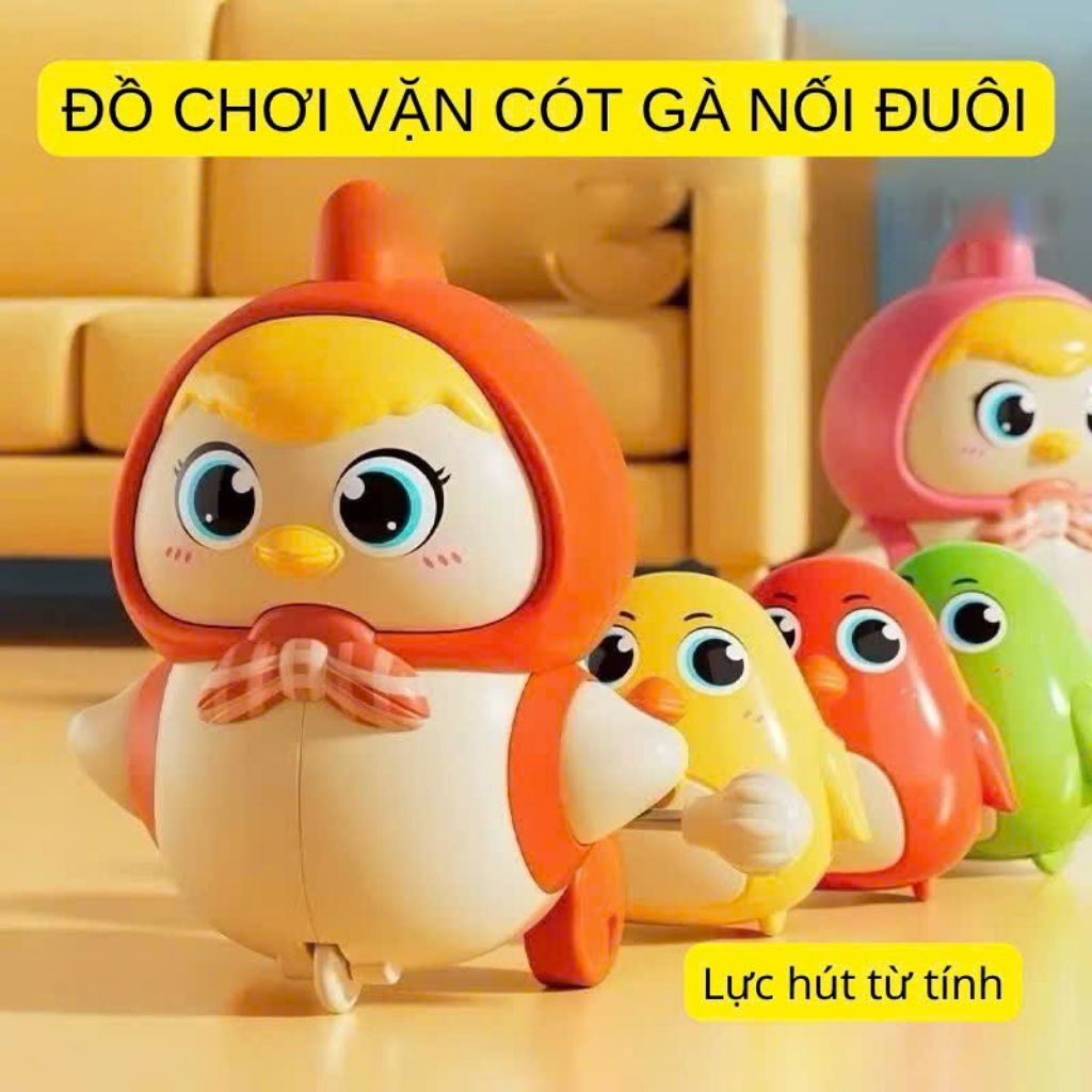 Đồ Chơi Đàn Gà Vặn Cót Nối Đuôi Siêu Vui Nhộn, Gà Mẹ Bảo Vệ 3 Gà Con, Đồ Chơi Đàn Gà Từ Tính Nối Đuôi Xoay 360 Độ Cho Bé