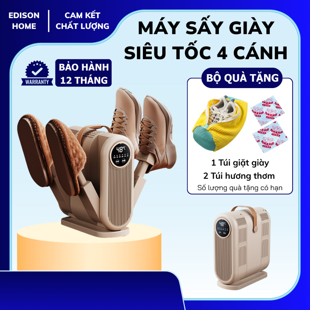 Máy Sấy Giày Dép Khử Mùi Đa Năng Edison Home 4 Cánh Tia UV Kháng Khuẩn Cao Cấp Làm Khô Nhanh
