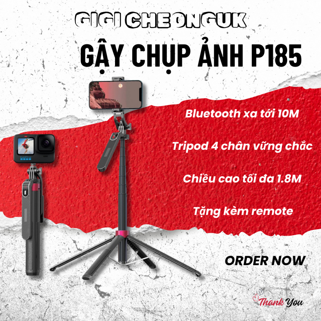 Gậy Chụp Ảnh 4 Chân P185 Xoay 360°, Tripod Livestream, Quay Video Từ Xa Qua Bluetooth Siêu Chắc Chắn