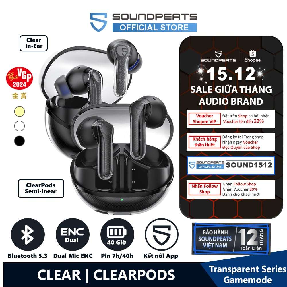 Tai nghe True Wireless SoundPEATS Clear / ClearPods | Mic Kép ENC | Bluetooth 5.3 | BigBuy360 - bigbuy360.vn