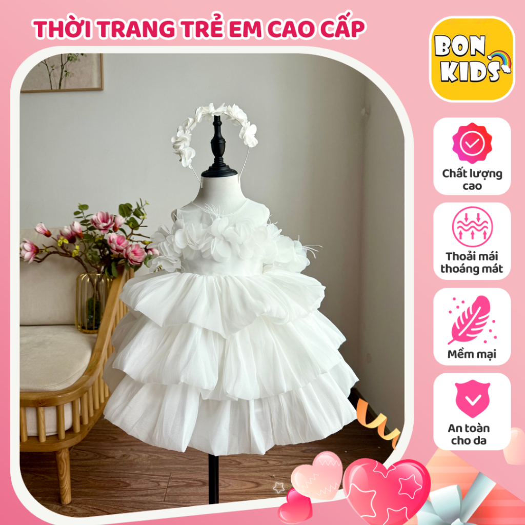 Váy Công Chúa Hoa Vai Kèm Cài Và Nơ BonKids