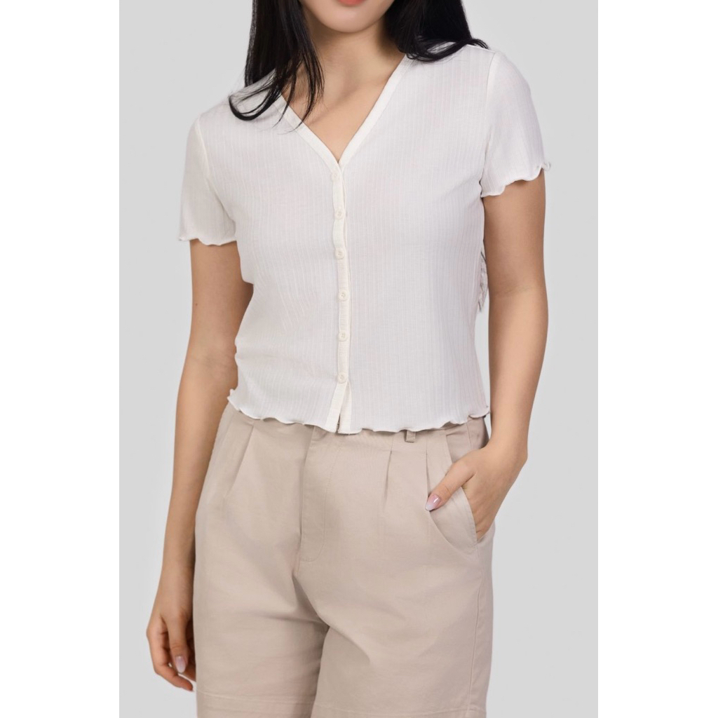 Áo thun trắng dáng Croptop của Hàn Quốc - 2 Hand (Size S).Korean White Croptop T-shirt - 2 Hands (Si
