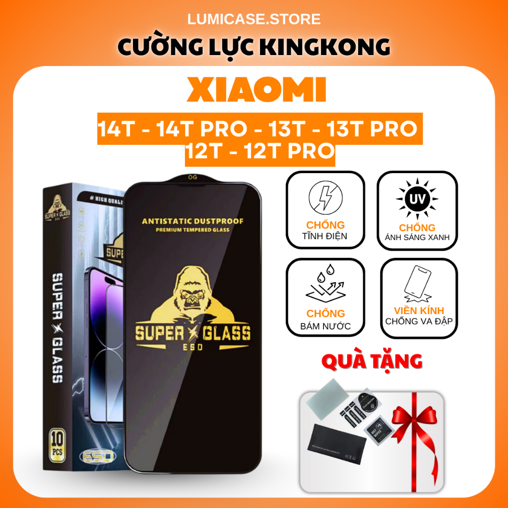 Kính cường lực cho XIAOMI 14T, 14T PRO, 13T, 13T PRO, 12T, 12T PRO KingKong cao cấp full màn hình, chống xước, chịu lực