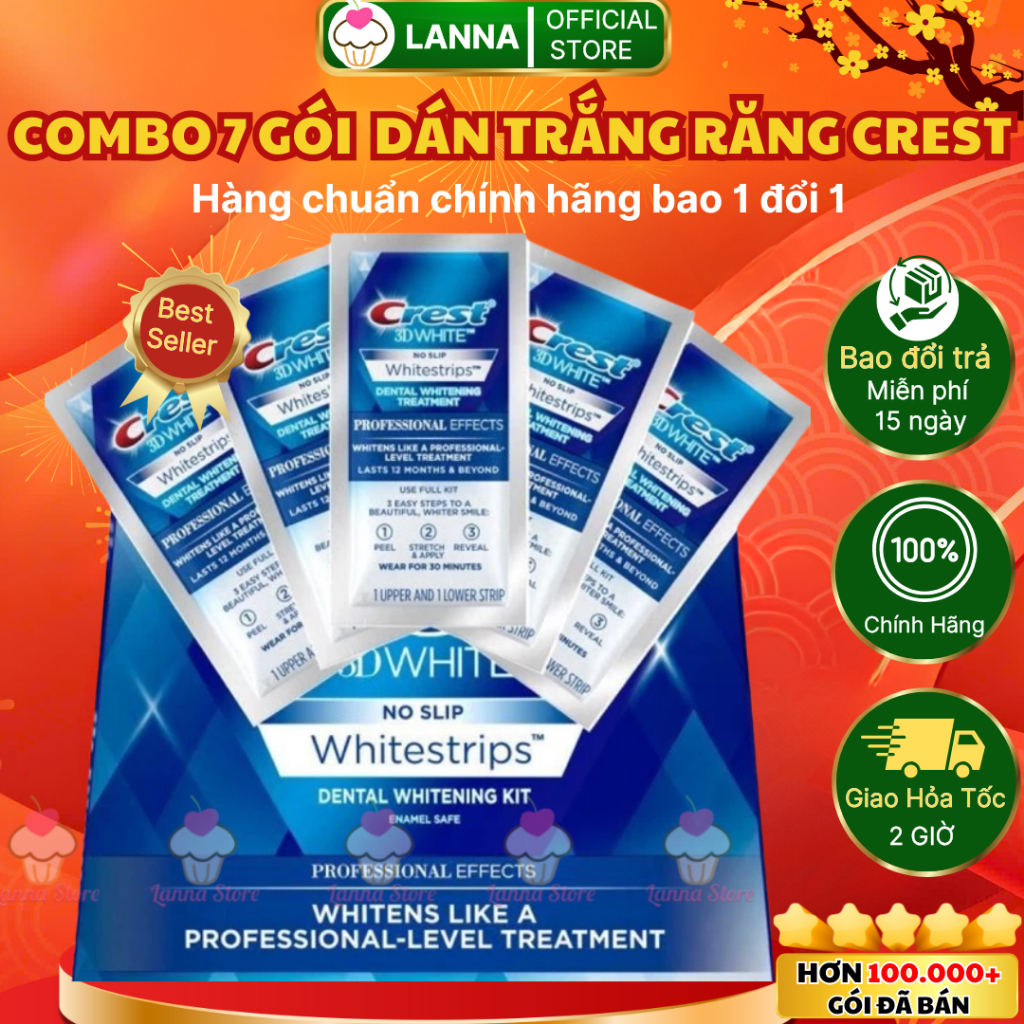 Combo 14 miếng (7 gói /7 ngày) dán trắng răng Crest 3D White - Mỹ ( Professional Effects / Glamorous / 1 hour/ flexfit )