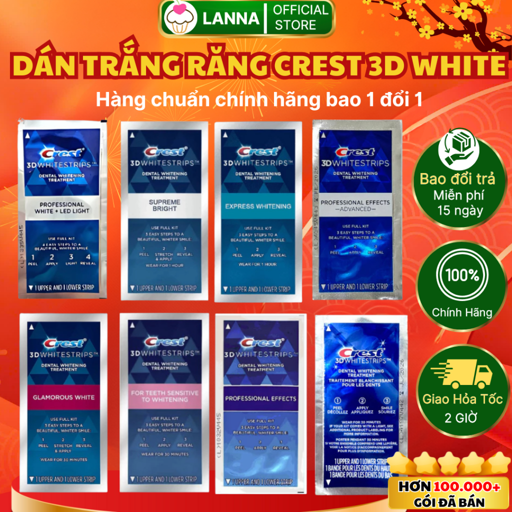 【CHÍNH HÃNG+1 GÓI LẺ】Miếng dán trắng răng Crest 3D White - Mỹ ( Flexfit/Effects/Glamorous / 1 hour )