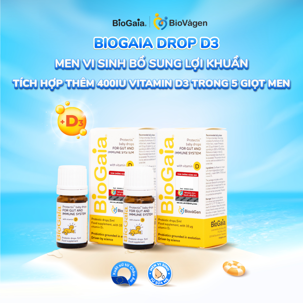 Combo 2 Men vi sinh BioGaia ProTectis Drops Vitamin D3 cải thiện hệ tiêu hóa xuất xứ Thụy Điển dung 