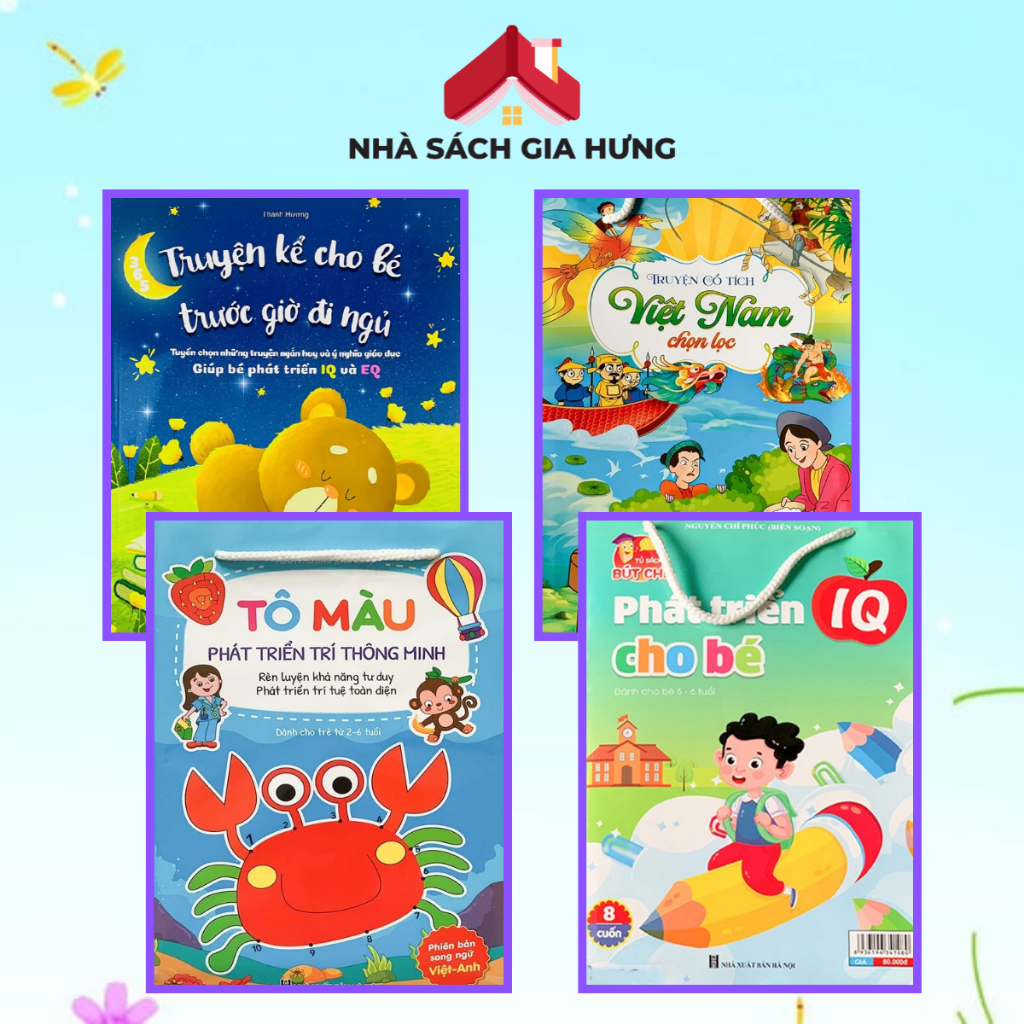 Sách - Bộ 4 Set Tô Màu Phát Triển Trí Thông Minh + Phát Triển IQ Cho Bé + Truyện Cổ Tích Việt Nam + 
