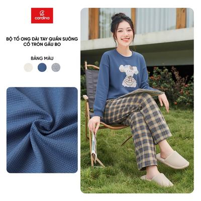 Đồ bộ nữ CARDINA áo tổ ong dài tay cổ tròn bo gấu và quần thô suông 5BTD09