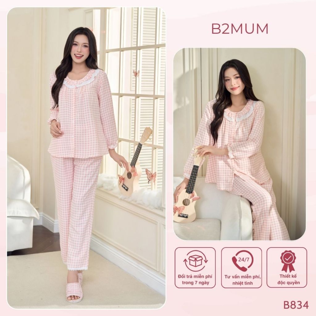 Bộ đồ dài tay mặc nhà, quần có chun chỉnh mặc được bầu và không bầu, chất thô đũi mềm họa tiết kẻ ca