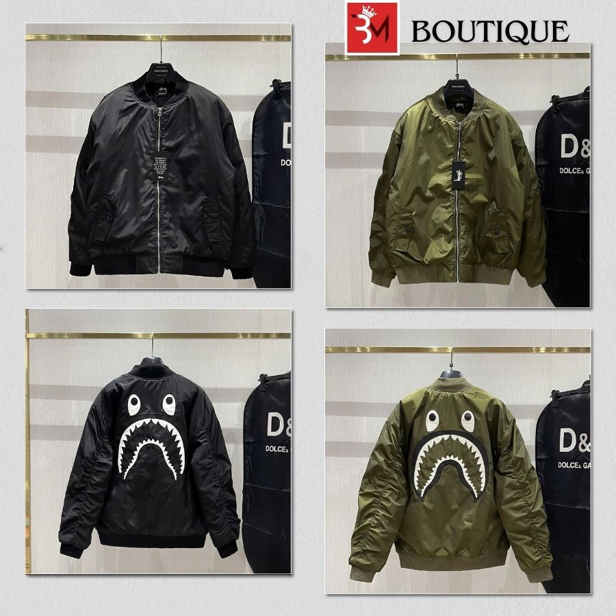 Áo Khoác Bomber Bape Thêu Da Mồm Cá Mập Tay Rút Siêu Chất - Áo Bomber Nam Nữ Bape Trần Bông QP741