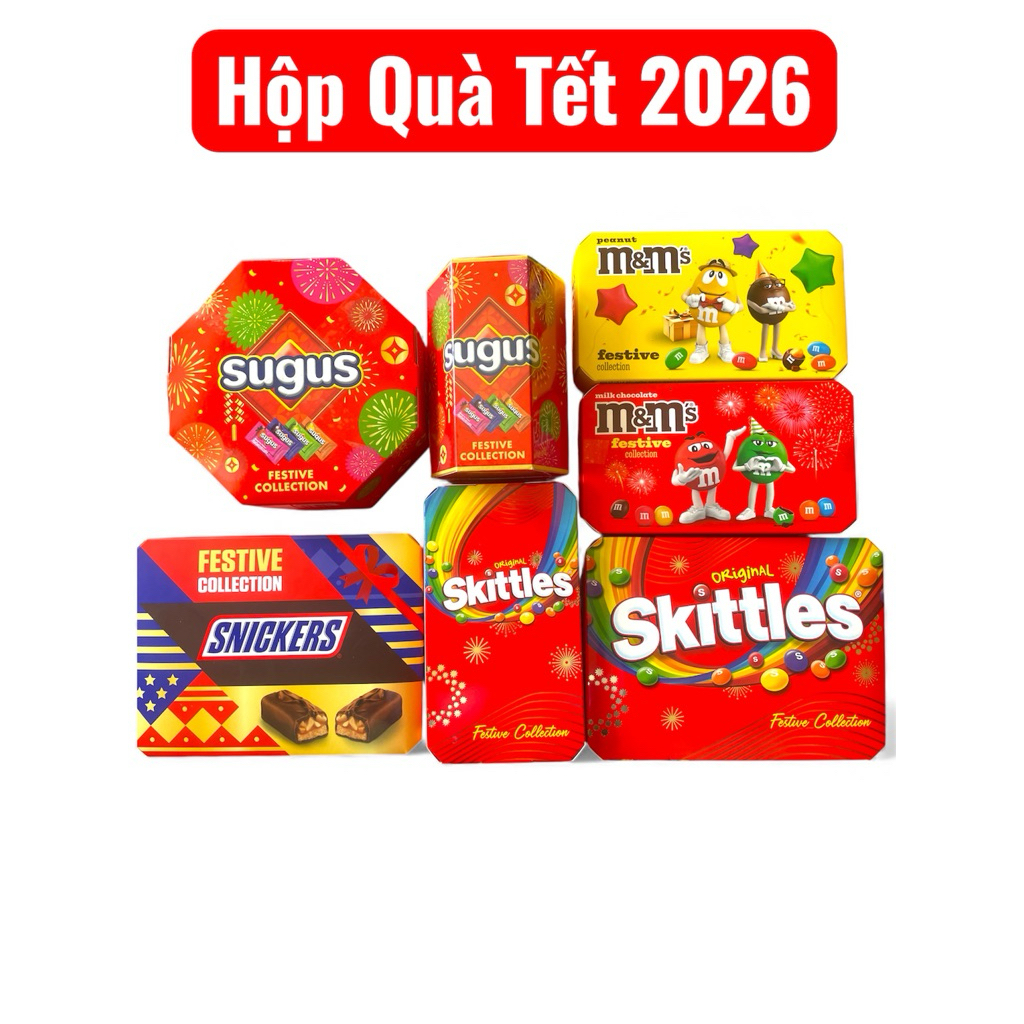 Hộp Kẹo quà tết 2026 kẹo thương hiệu : Sugus , Skittles , Snicker , M&M | Freeship