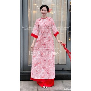  DA785 LEOSWEARING Áo dài tơ lụa 4 tà cổ tròn đính cúc hoa tay lửng phối Quần lụa đỏ   quần thường  