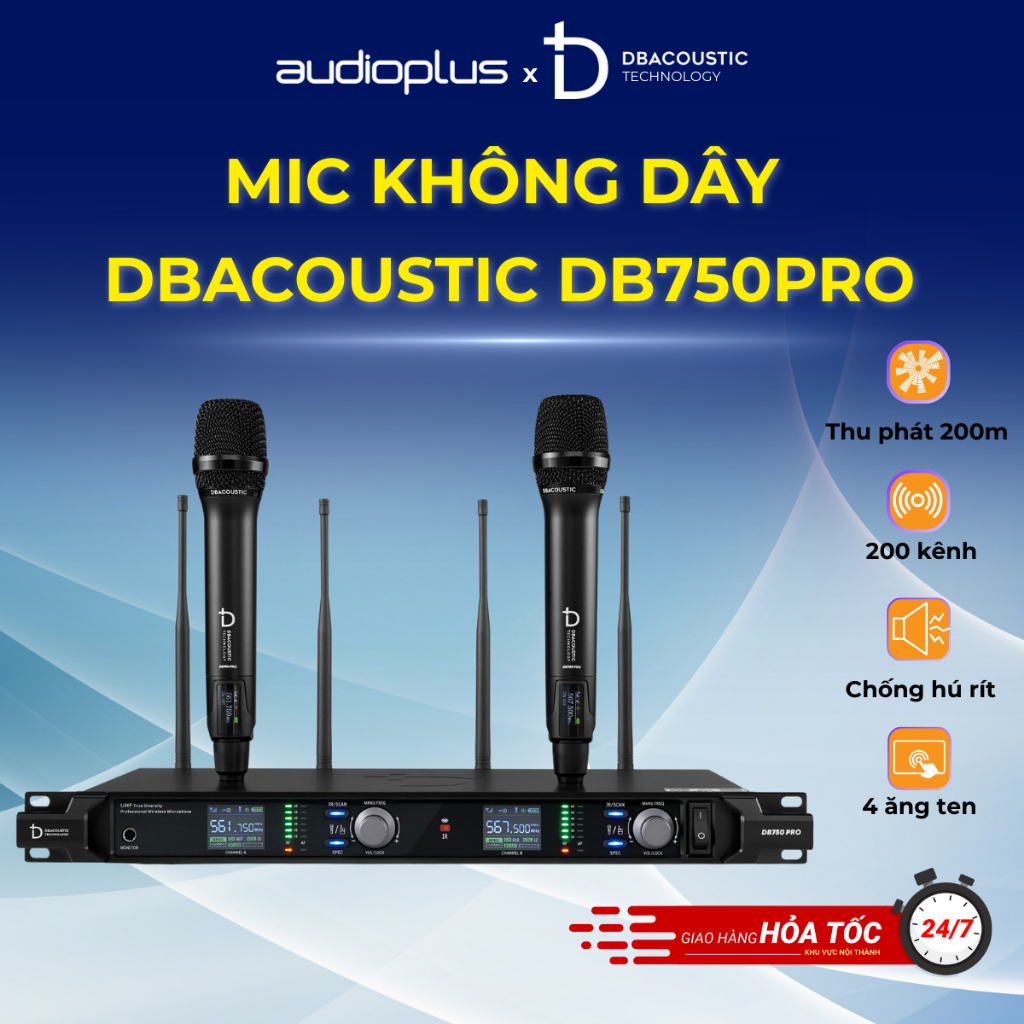 Mic không dây DBAcoustic DB750PRO - Thu phát 200m - 200 kênh - Chống hú rít - BH chính hãng 12T