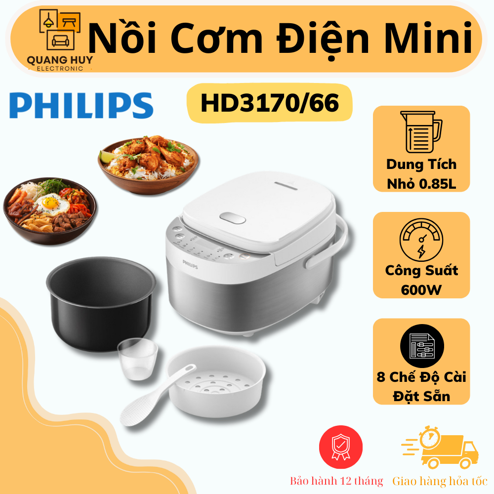 Nồi Cơm Điện Tử Mini 850 ml PHILIPS HD3170/66 - Công Suất 600W - Bảo Hành Chính Hãng 12 Tháng