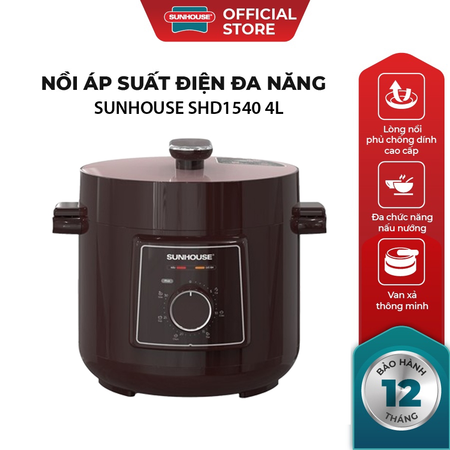 Nồi áp suất điện đa năng Sunhouse SHD1540 | Dung tích 4L | Công suất 800W | Lòng nồi chống dính cao cấp, an toàn