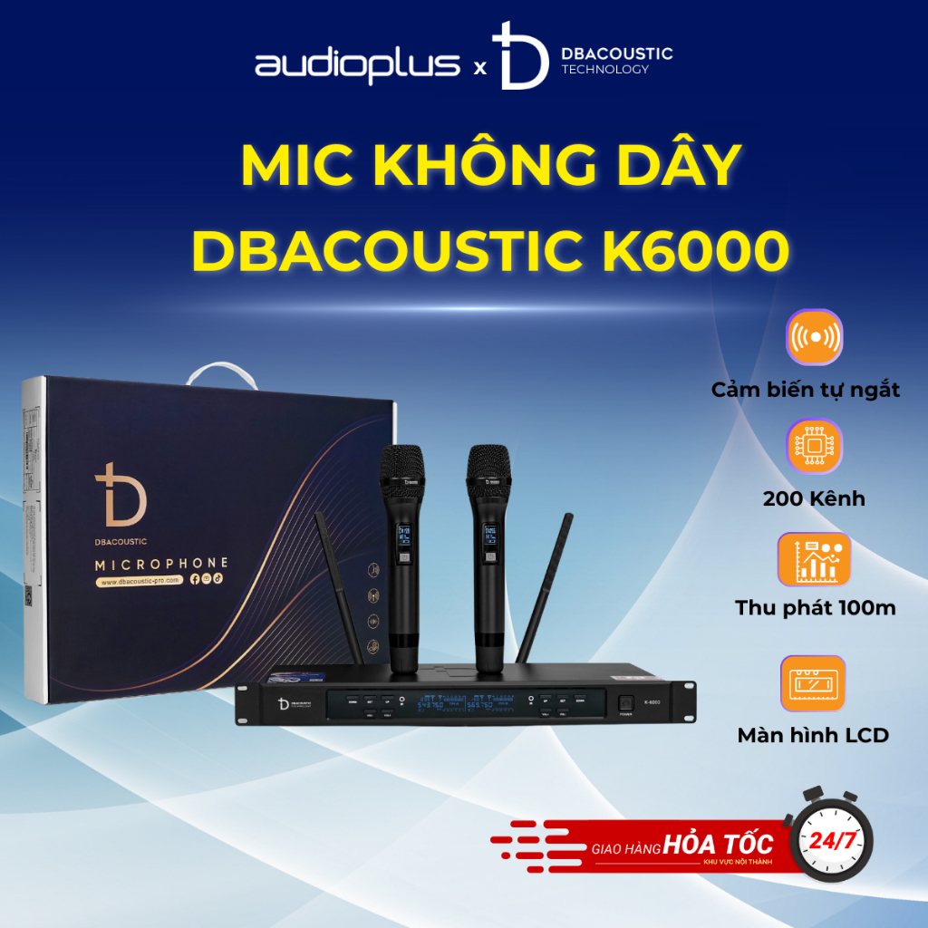 Mic không dây cao cấp DBACOUSTIC K6000 - Tiếng dày hát nhẹ - 200 kênh - Hàng chính hãng - BH12T