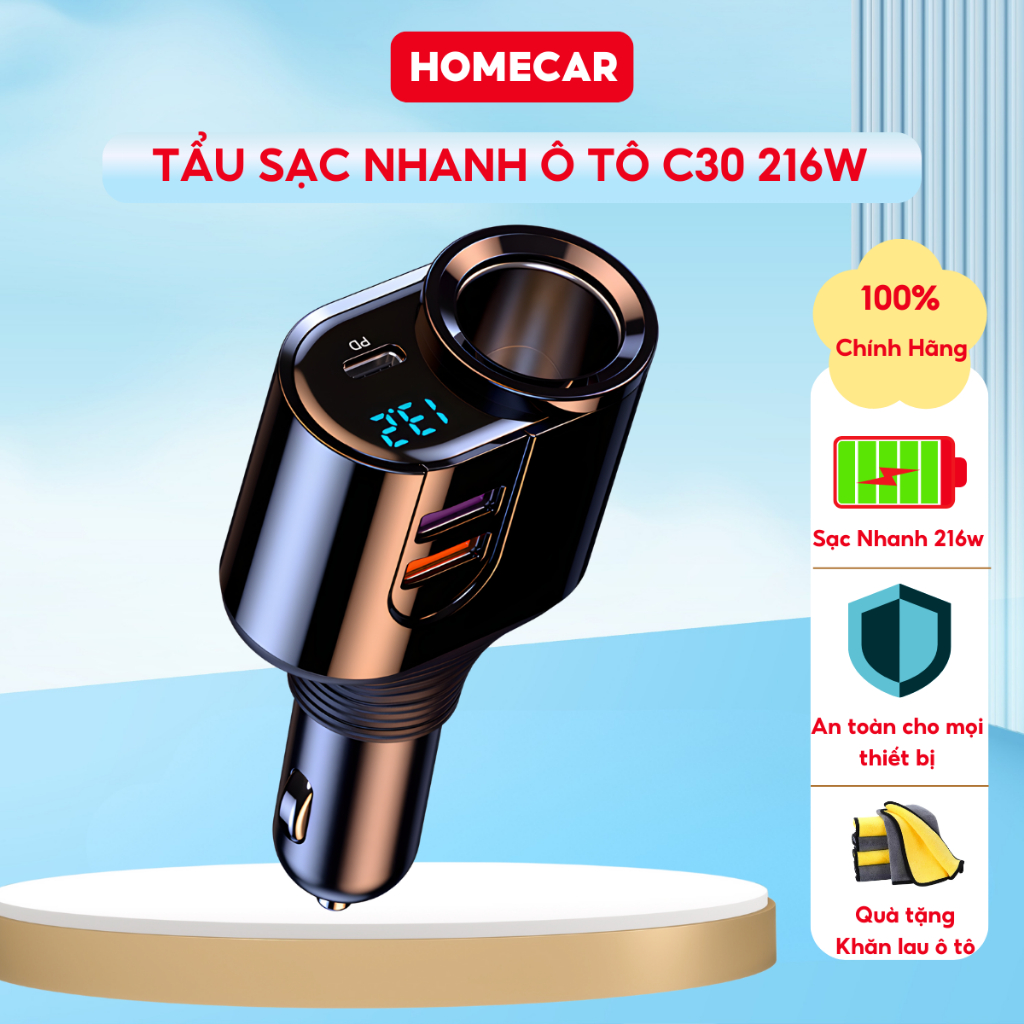 Tẩu Sạc Nhanh Ô Tô C30 216W 2 USB 1 TypeC Có Màn Hình Hiển Thị Điện Áp Công Suất Cao Chính Hãng