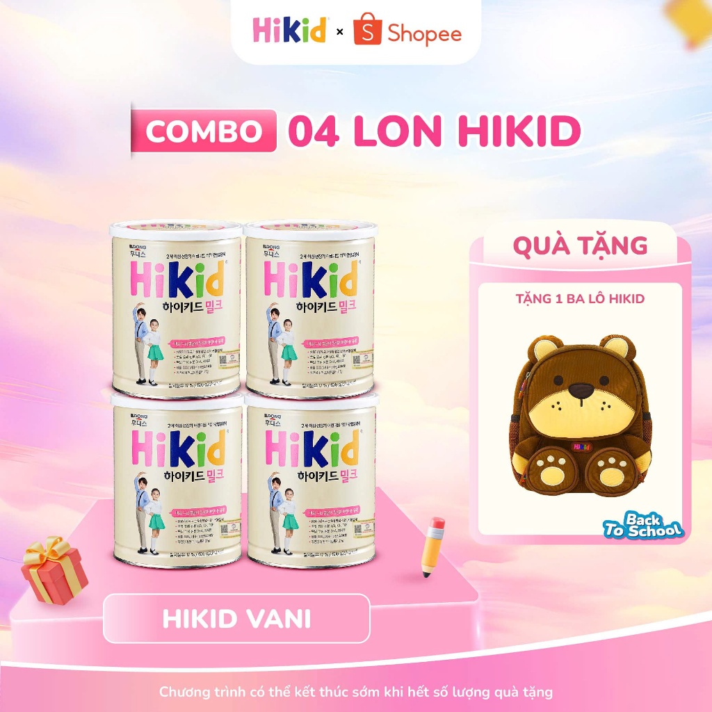 Combo 4 Lon Sữa Hikid Tăng Cao Cho Bé - Sữa Hikid Chính Hãng Nội Địa Hàn Quốc - Tặng 1 Balo Hikid