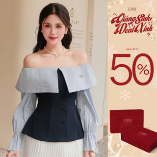  ZAMYSHOP - Áo thiết kế trễ vai phối kẻ dài tay nữ tiểu thư dịu dàng dễ mặc 