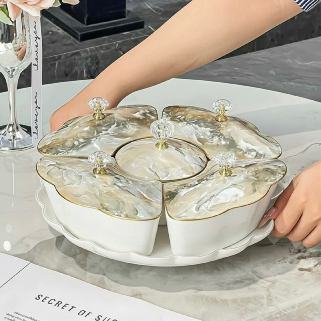 Khay Mứt Sứ Vân Đá Ghi Khay Sứ 5 Hũ Sang Trọng Decor Tết