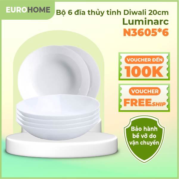 Set 6 đĩa (dĩa) sâu lòng thủy tinh Luminarc Diwali 20cm N3605, thủy tinh cường lực, an toàn trong lò