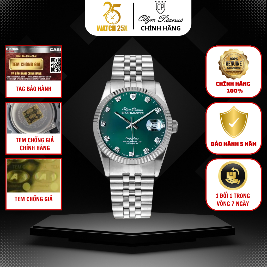 Đồng Hồ Cơ Olym Pianus Watch25x OP89322AGS-XL Mặt Xanh Ngọc Viền Khía Thép Không Gỉ Kính Sapphire