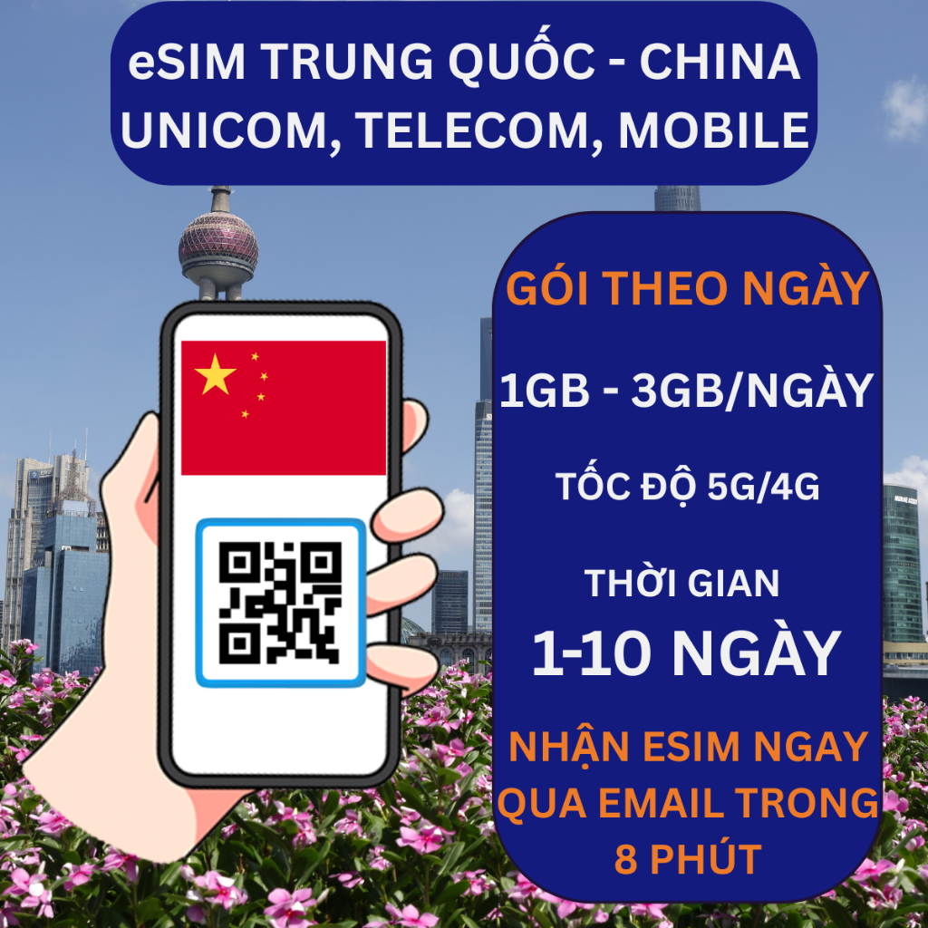 eSIM du lịch Trung Quốc mạng China Unicom,Telecom,Mobile, dung lượng 1GB,2GB,3GB/ngày, gói ngắn 1 đế