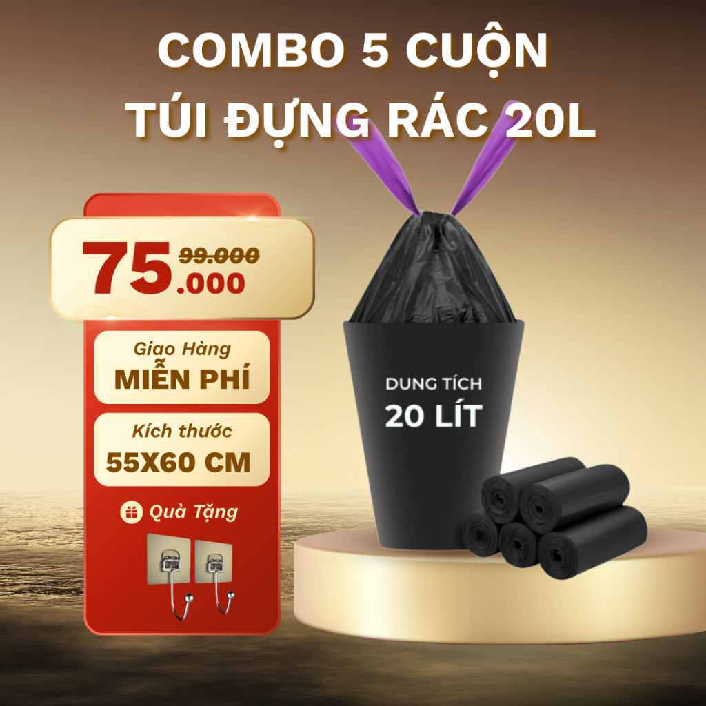 Túi đựng rác có dây rút SWEET HOME túi rác tự phân hủy  size 55x60 cm có quai xách và chống rò nước