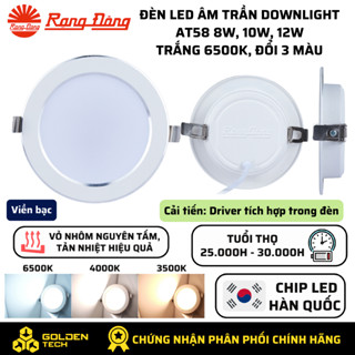 Đèn LED âm trần Downlight Rạng đông 8W, 10W, 12W Viền bạc Ánh sáng Trắng 6500K, Đổi 3 màu AT58