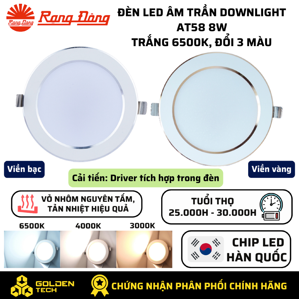 Đèn LED âm trần Downlight Rạng đông 8W đục lỗ 90mm Viền vàng/bạc Sáng Trắng 6500K, Đổi màu AT58