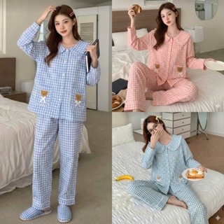  Bộ pijama caro tiểu thư thêu gấu ở túi - Bộ đồ ngủ mặc nhà cổ bèo sen dễ thương 