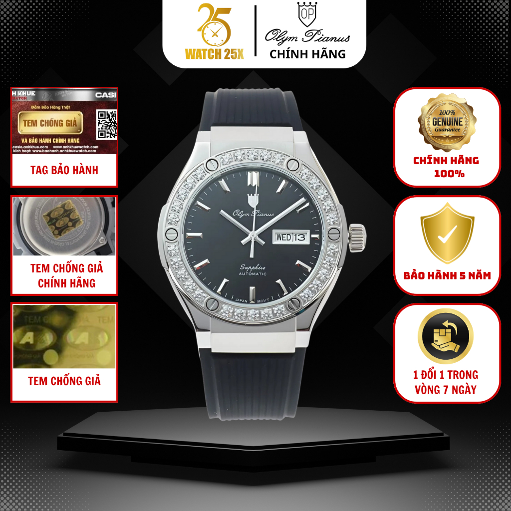 Đồng Hồ Nam Cơ Lộ Máy Olym Pianus OP990-45ADGS-GL-D Watch25x - Viền Đá Sporty Dây Đeo Silicone