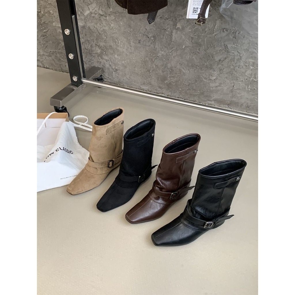 Giày boot nữ Bốt nữ cao cổ mũi nhọn ống đứng cổ trùm phối đai cao cấp