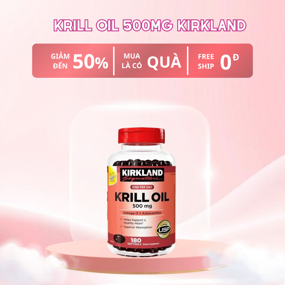 Dầu Krill Kirkland 500mg bổ sung Omega-3 và Astaxanthin hỗ trợ tim mạch lọ 180 viên
